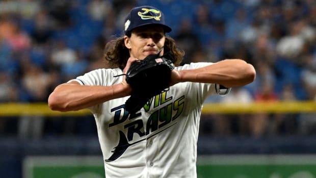 Sep 22, 2023; St. Petersburg, Florida, USA; Tampa Bay Rays pitcher Tyler Glasnow (20) reacts after walking in a run in the sixth inning against the Toronto Blue Jays at Tropicana Field. Mandatory Credit: Jonathan Dyer-USA TODAY Sports  